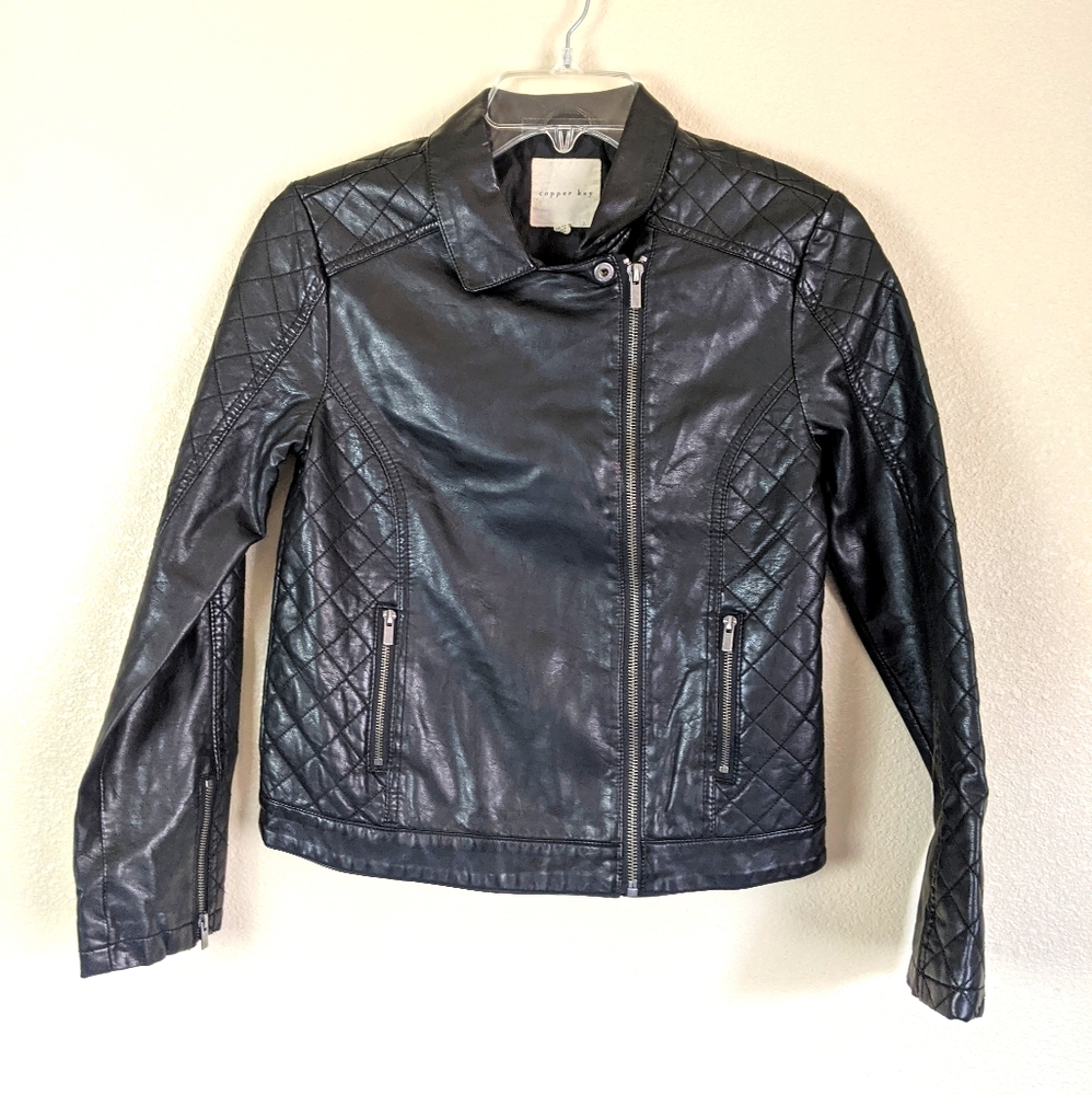 Girls Copper Key Faux Leather Jacket Black Moto
